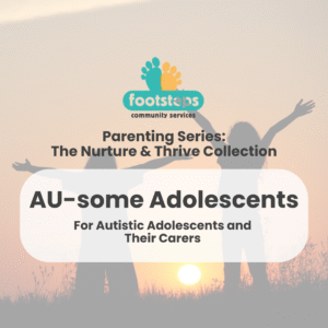 Silhouette of two children enjoying the sunset outdoors with Footsteps logo and supporting text