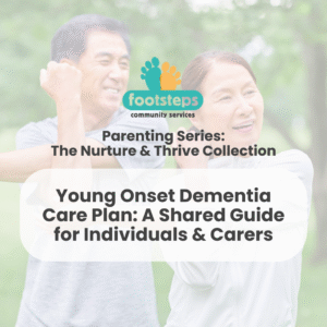 Two adults stretching outdoors with Footsteps logo and supporting text