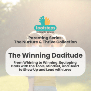 Father holding children with Footsteps logo and supporting text