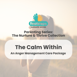 Woman breathing peacefully outdoors with Footsteps logo and supporting text